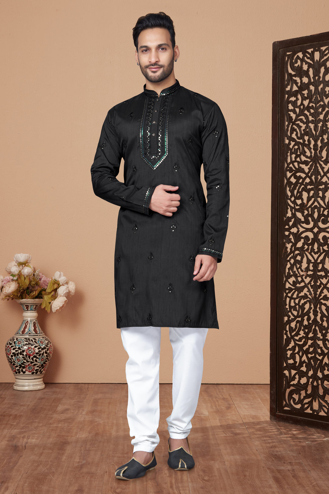 Men's Designer Kurta in Silk with Raymond Cotton Payjama | Embroidered Style