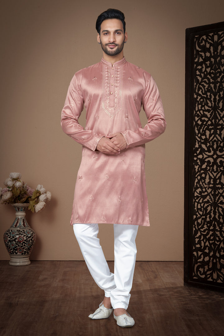 Men's Designer Kurta in Silk with Raymond Cotton Payjama | Embroidered Style