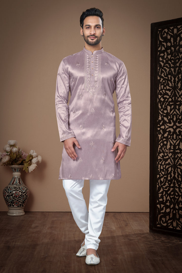 Men's Designer Kurta in Silk with Raymond Cotton Payjama | Embroidered Style