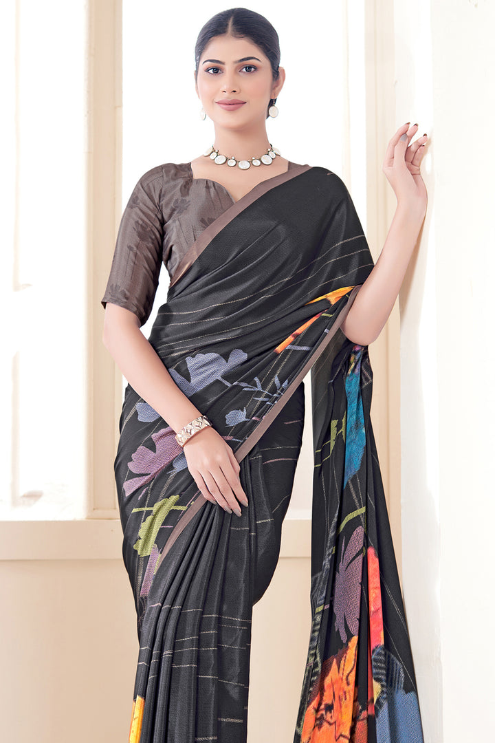 Black Crepe Soft Silk Saree | Designer Digital Printed Party Wear