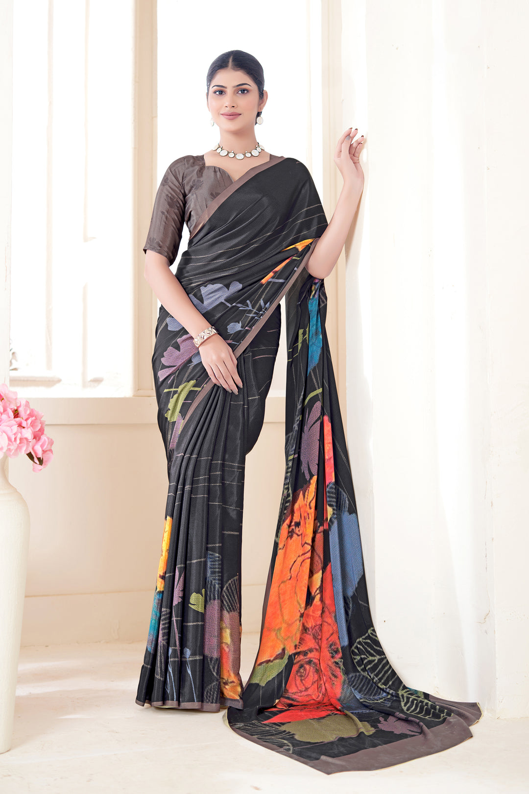 Black Crepe Soft Silk Saree | Designer Digital Printed Party Wear