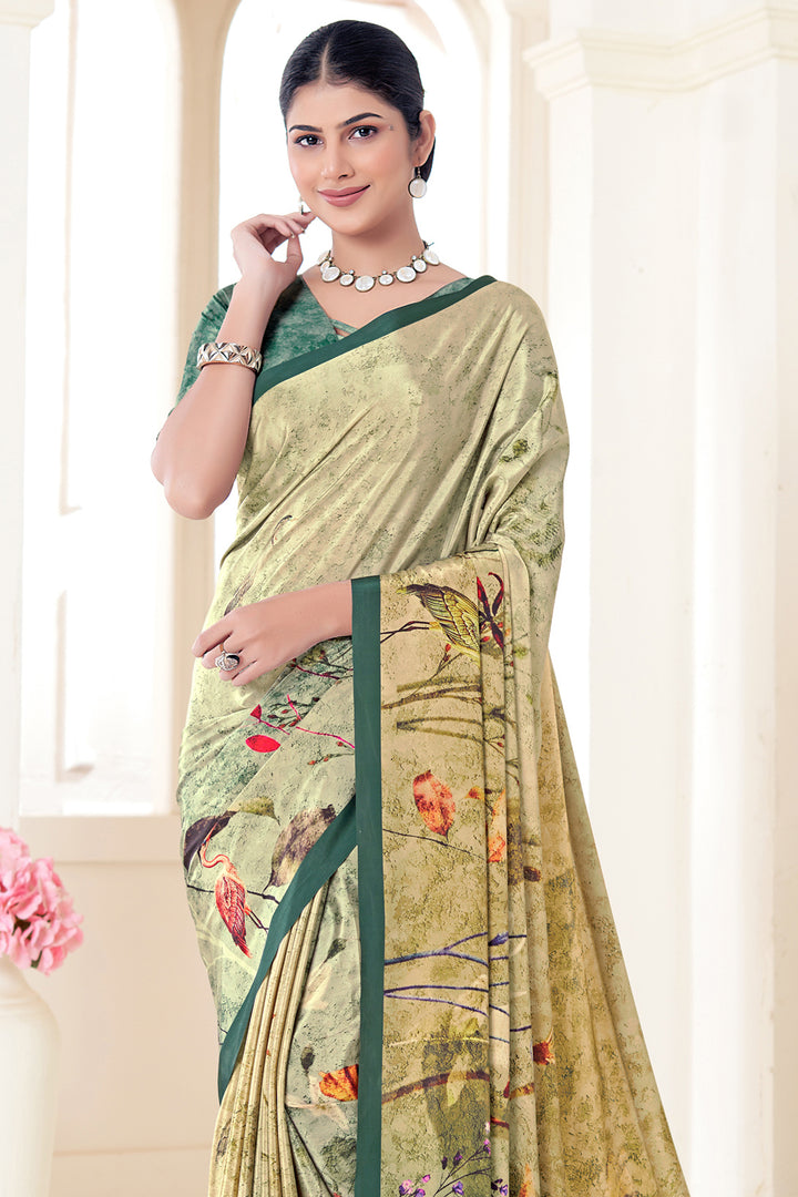 Beige Crepe Soft Silk Saree | Digital Printed Designer Party Look