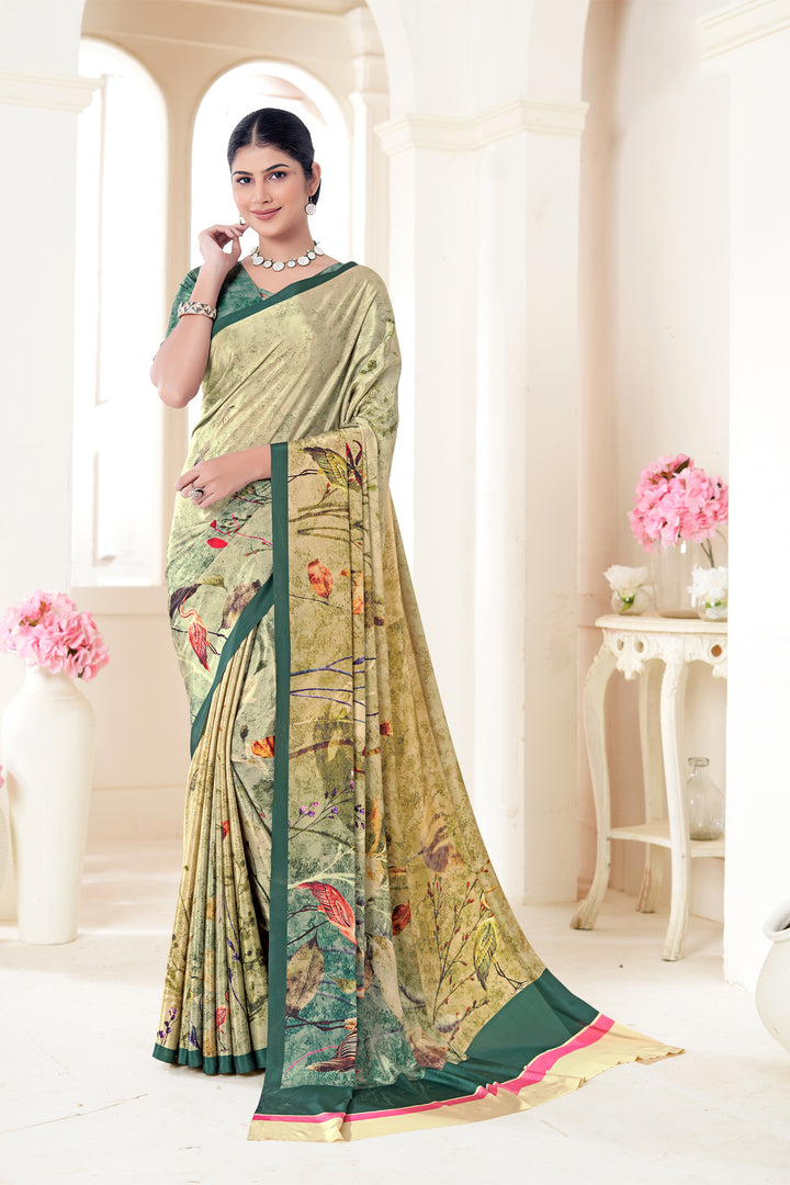 Beige Crepe Soft Silk Saree | Digital Printed Designer Party Look