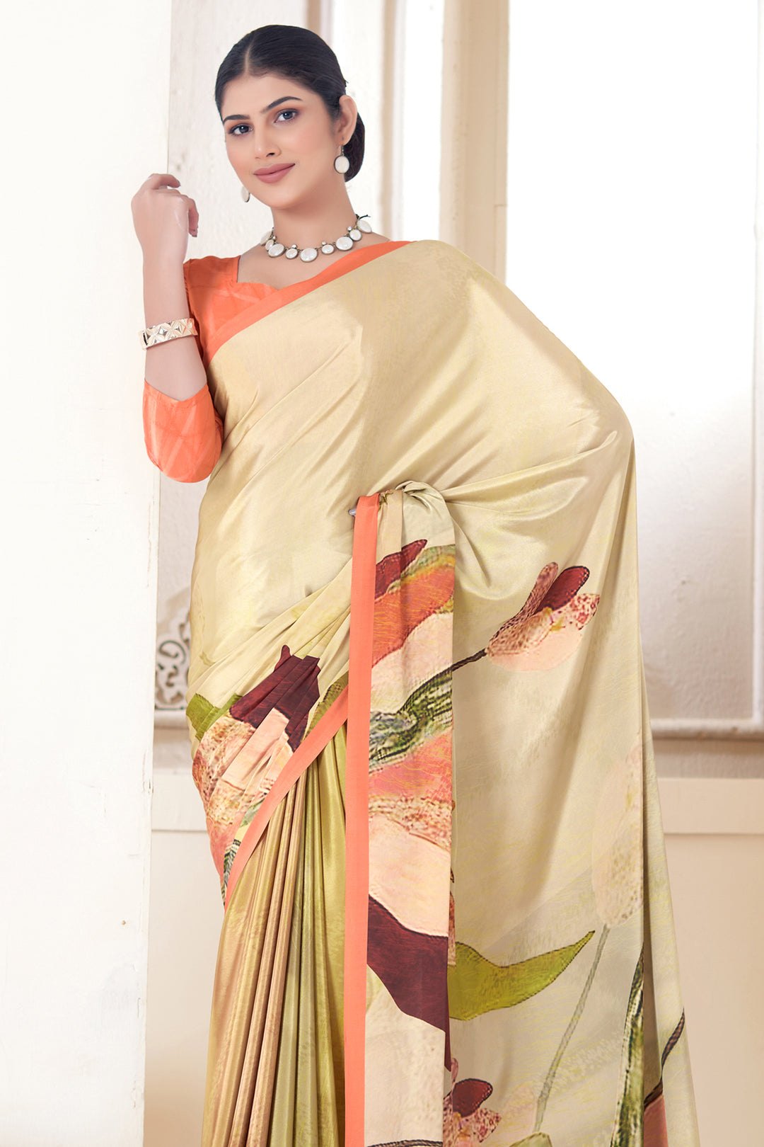 Designer Cream Crepe Soft Silk Saree | Digital Print Party Wear Style