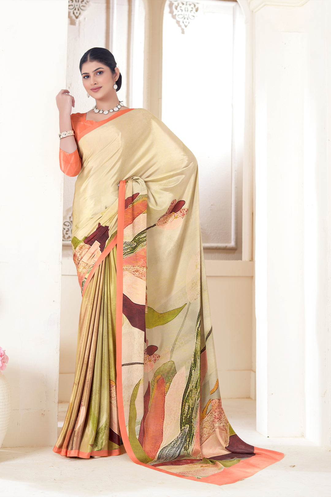 Designer Cream Crepe Soft Silk Saree | Digital Print Party Wear Style