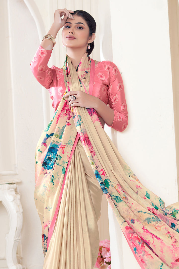 Cream Digital Printed Crepe Soft Silk Saree | Designer Party Wear