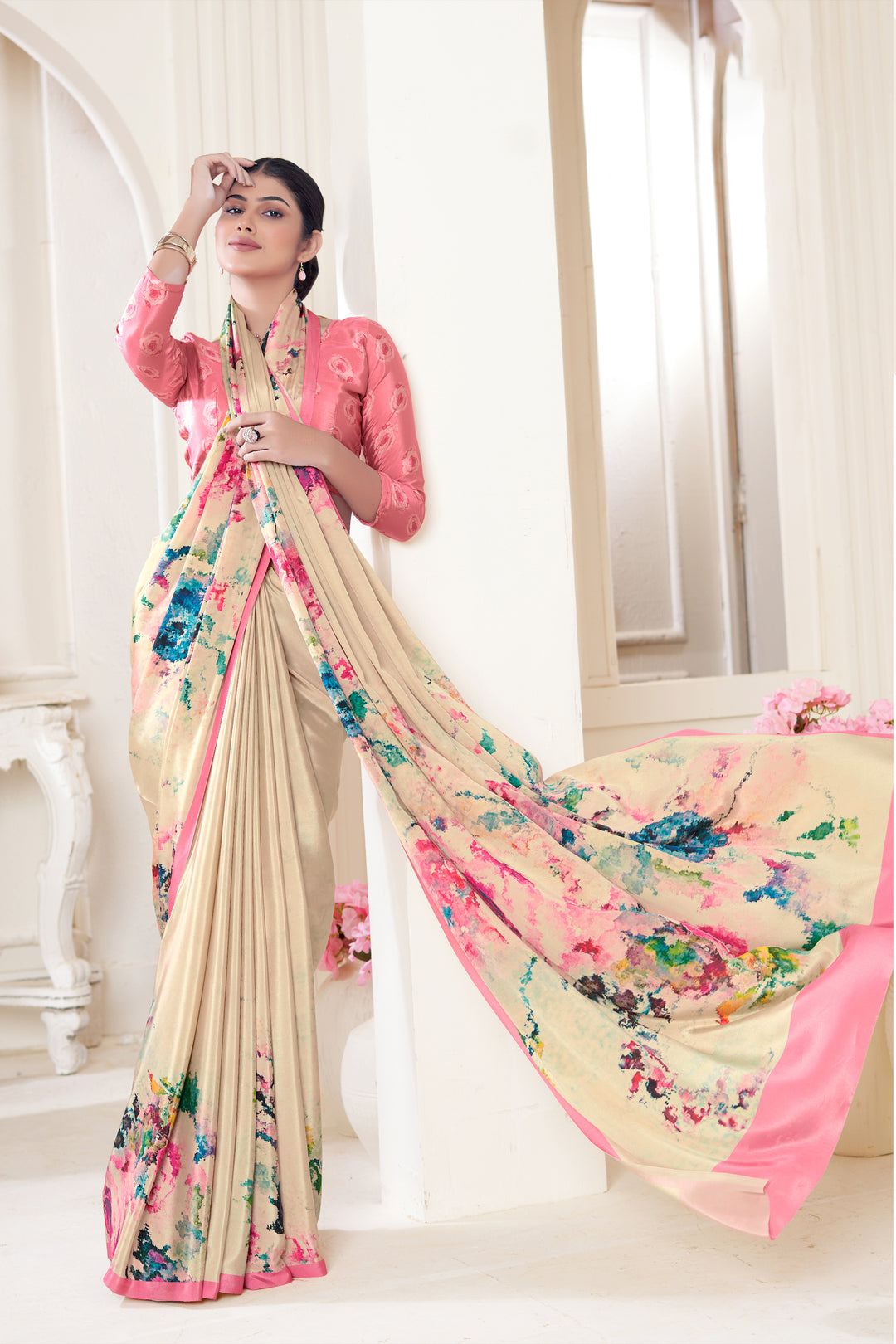 Cream Digital Printed Crepe Soft Silk Saree | Designer Party Wear