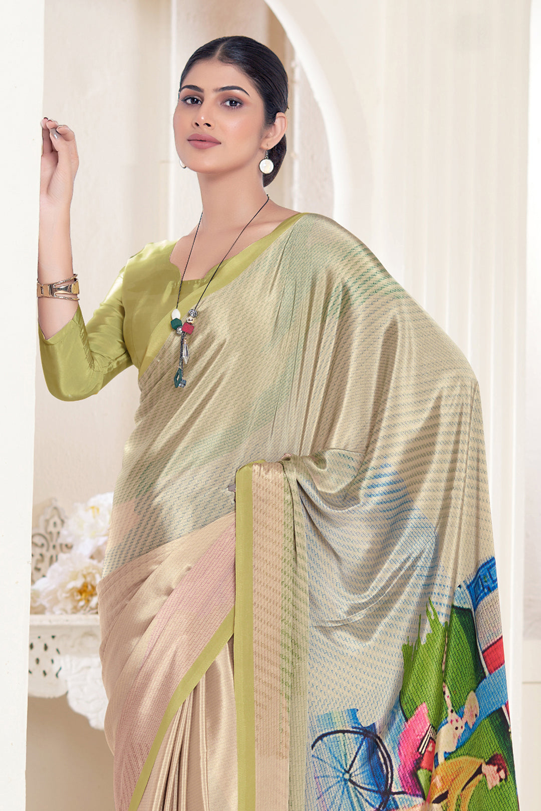 Cream Crepe Soft Silk Saree | Designer Digital Printed Party Wear