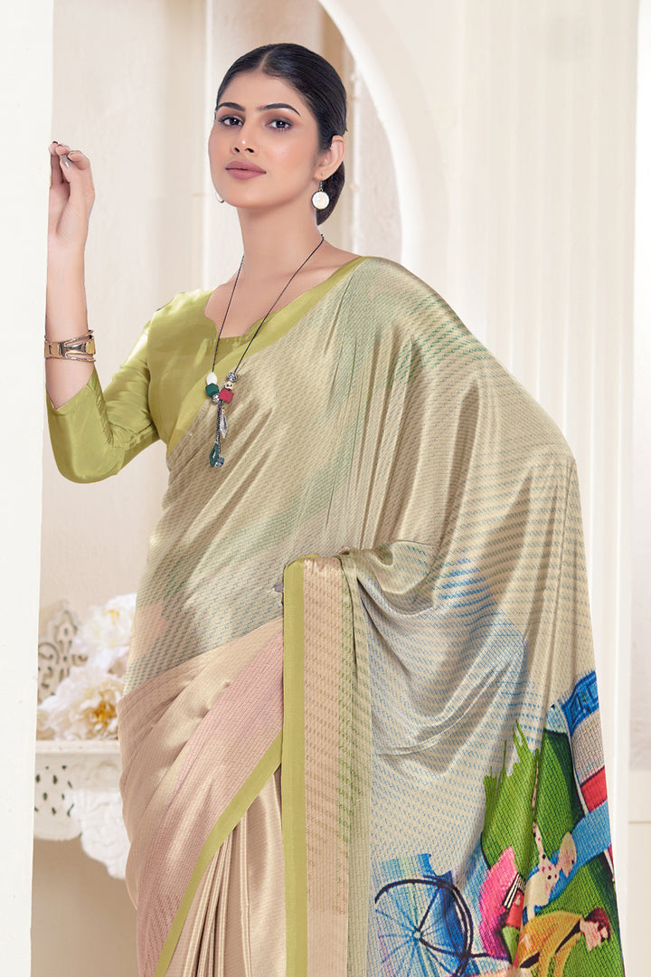 Cream Crepe Soft Silk Saree | Designer Digital Printed Party Wear