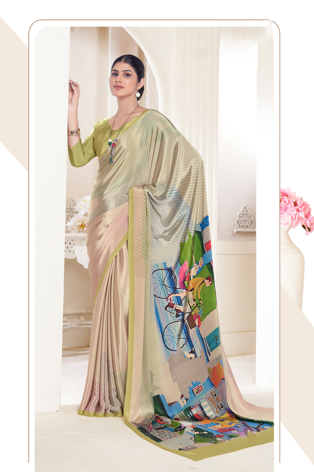 Cream Crepe Soft Silk Saree | Designer Digital Printed Party Wear