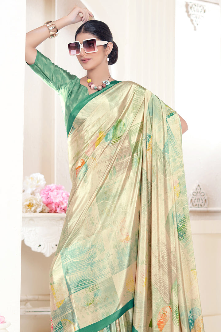 Designer Cream Crepe Soft Silk Saree | Digital Print Party Saree