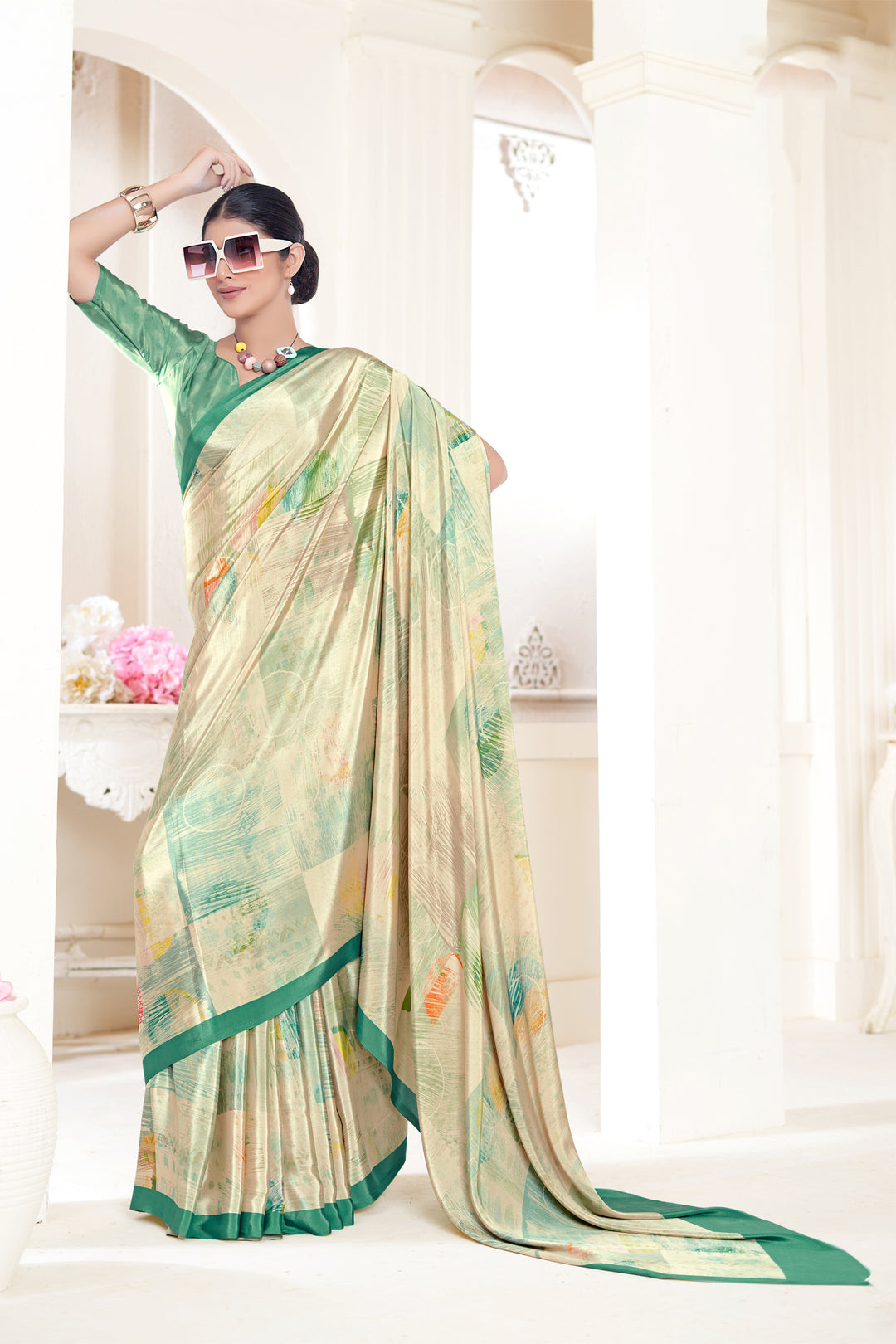 Designer Cream Crepe Soft Silk Saree | Digital Print Party Saree