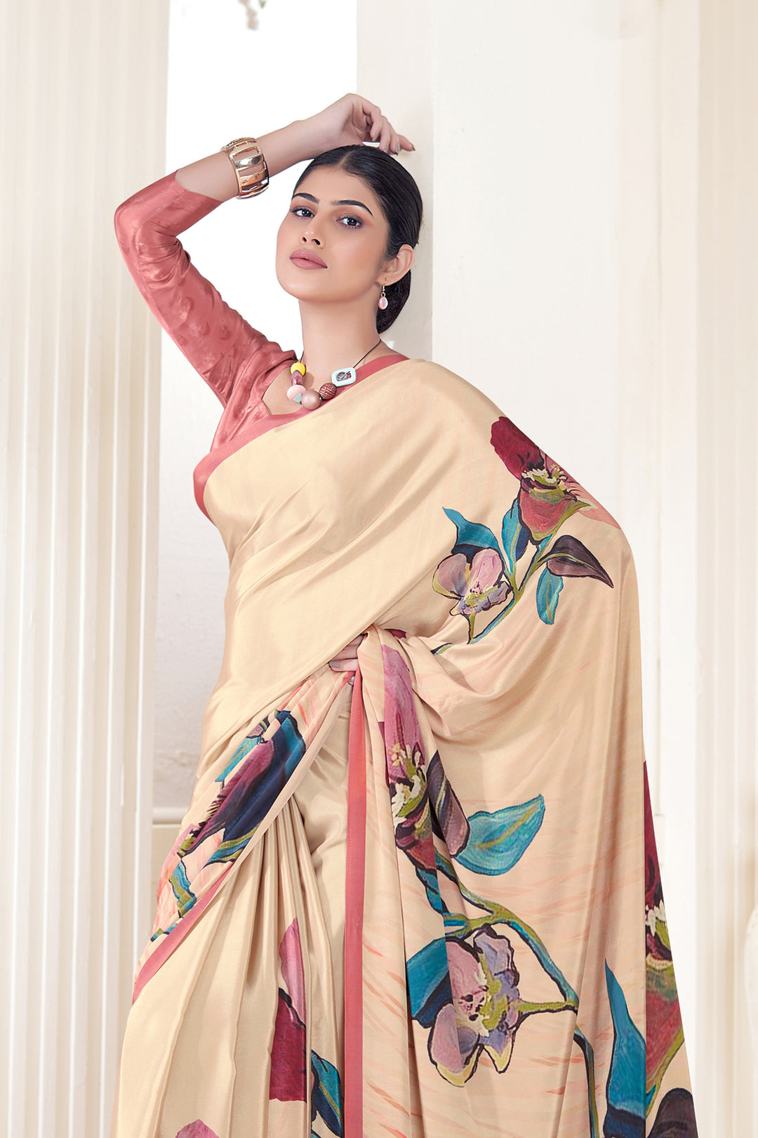 Elegant Cream Crepe Soft Silk Saree | Digital Printed Designer Saree