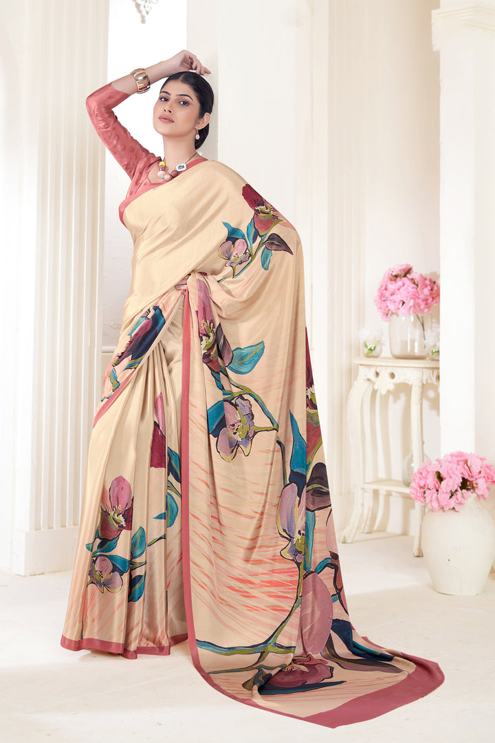 Elegant Cream Crepe Soft Silk Saree | Digital Printed Designer Saree