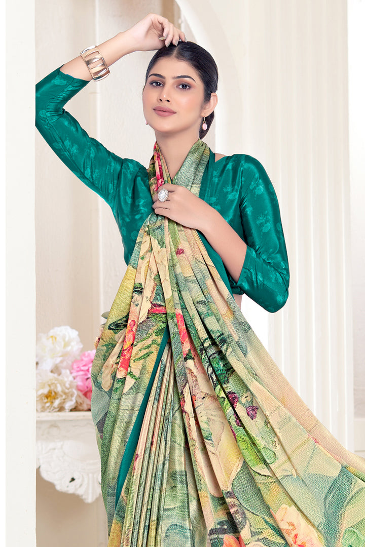 Green Crepe Soft Silk Saree | Designer Digital Printed Party Wear Saree