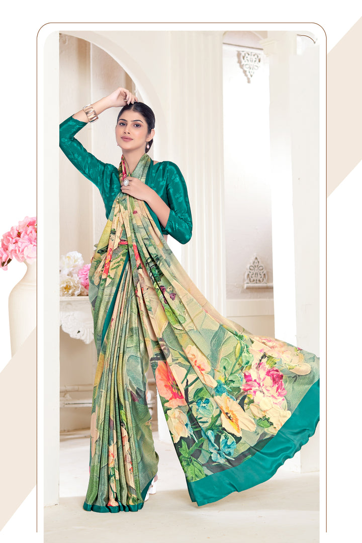 Green Crepe Soft Silk Saree | Designer Digital Printed Party Wear Saree