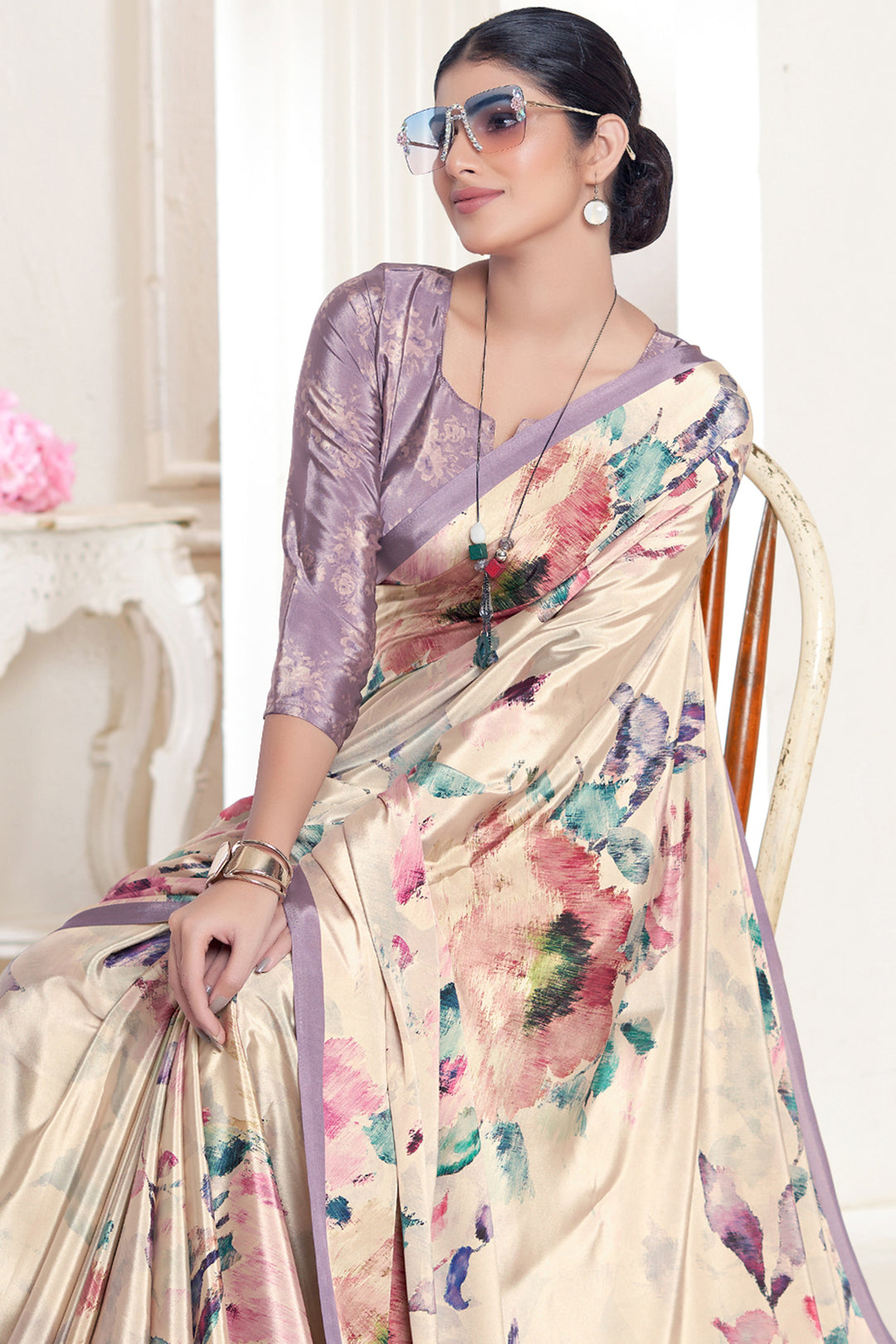 Elegant Beige Crepe Silk Saree | Designer Digital Printed Party Wear