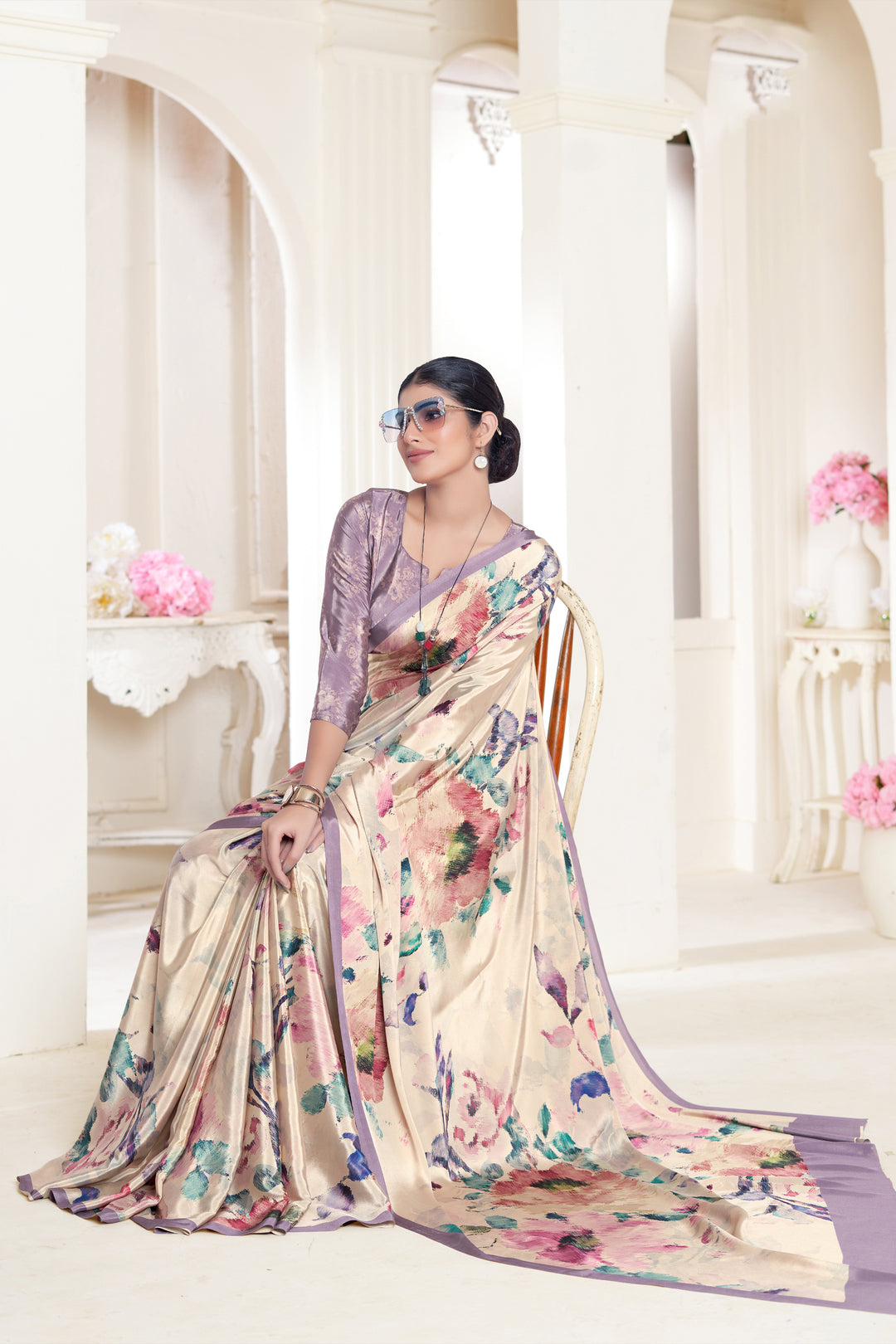 Elegant Beige Crepe Silk Saree | Designer Digital Printed Party Wear