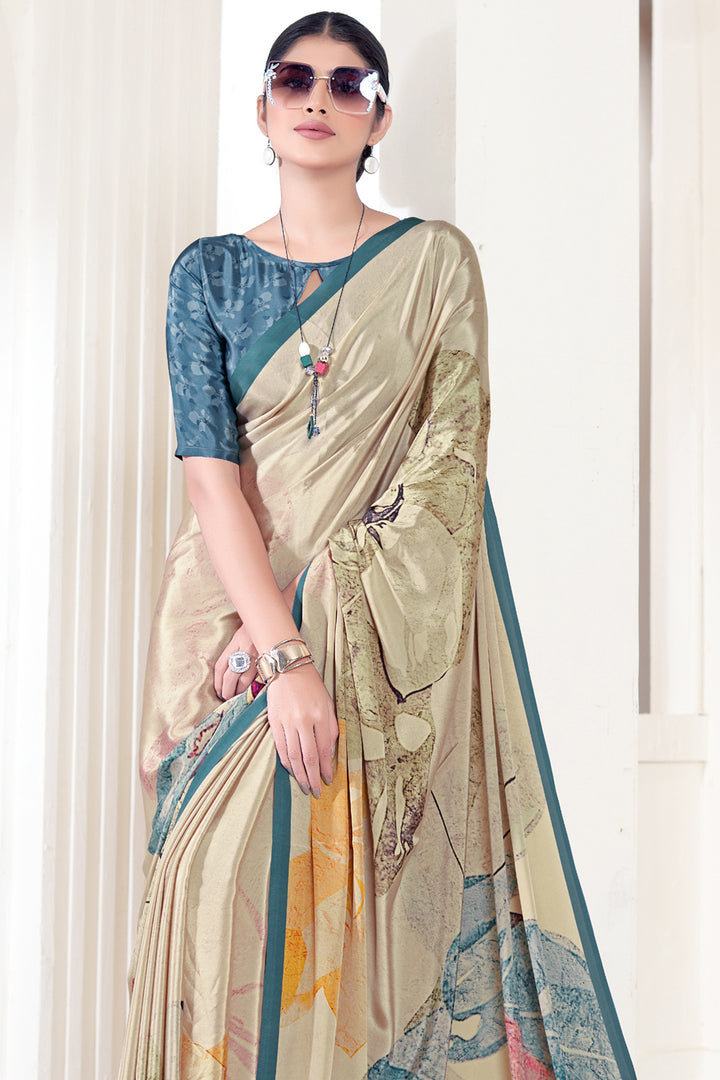 Beige Crepe Soft Silk Saree | Designer Digital Print for Party Wear