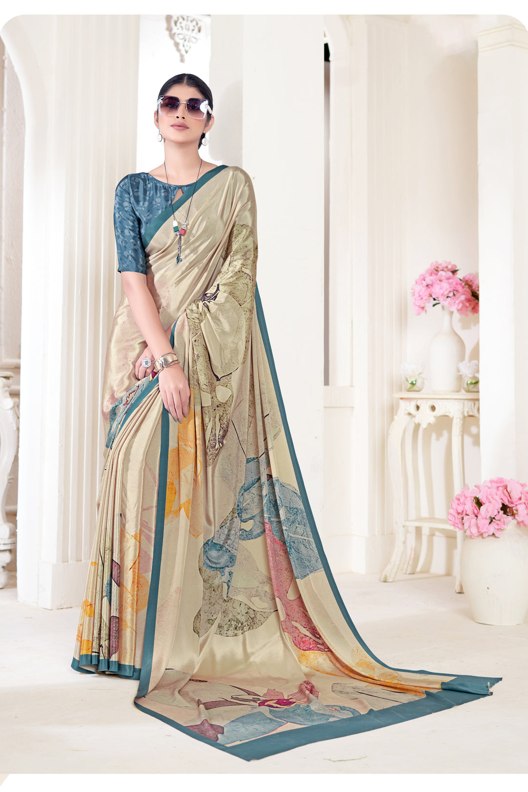 Beige Crepe Soft Silk Saree | Designer Digital Print for Party Wear