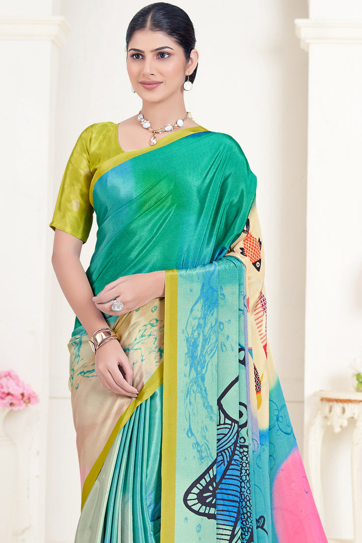 Designer Teal Blue Crepe Soft Silk Saree | Beautiful Digital Printed Look