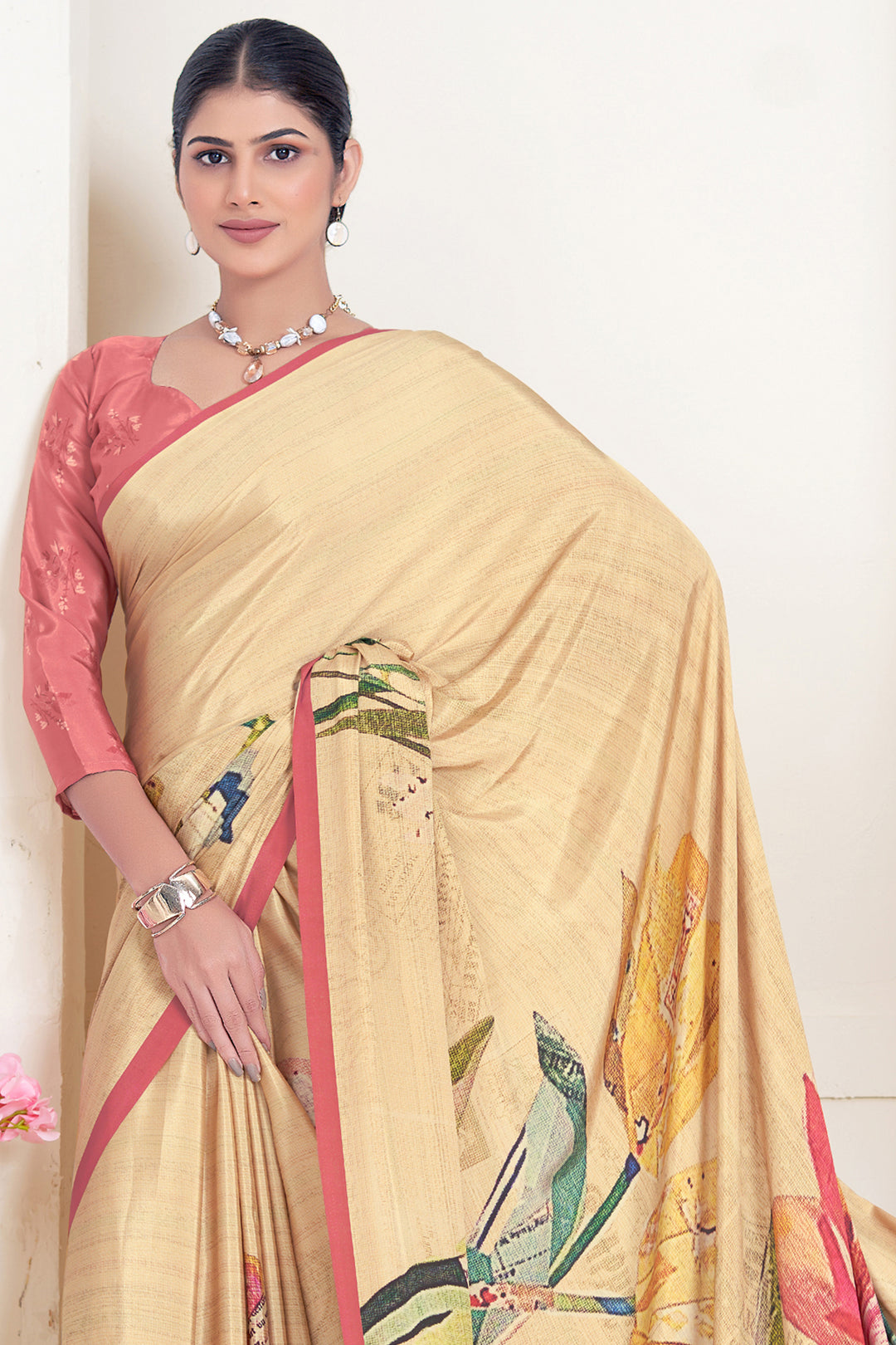 Party Wear Beige Crepe Soft Silk Saree | Digital Print Designer Look