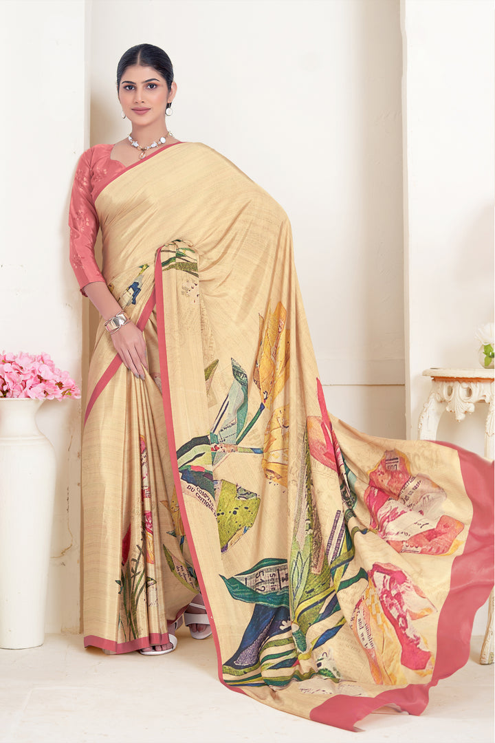 Party Wear Beige Crepe Soft Silk Saree | Digital Print Designer Look