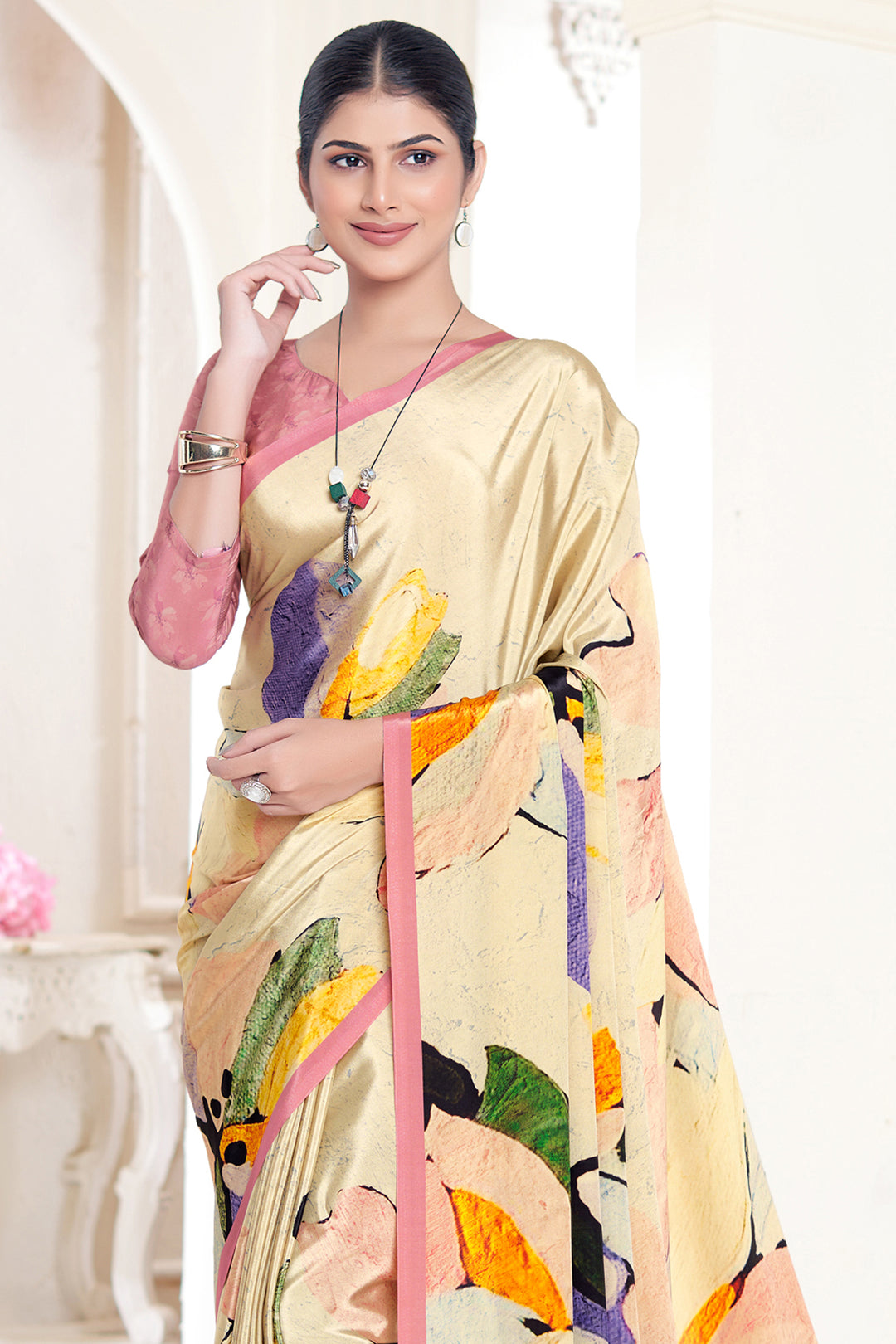 Cream Crepe Soft Silk Saree | Designer Digital Print Party Wear