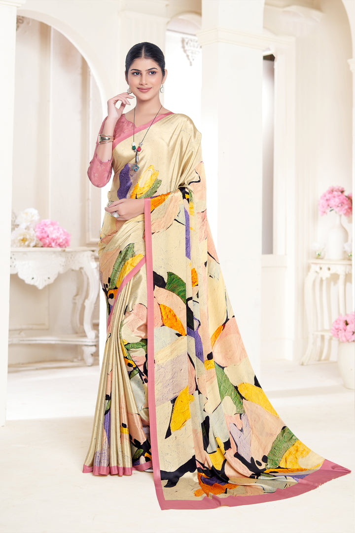 Cream Crepe Soft Silk Saree | Designer Digital Print Party Wear