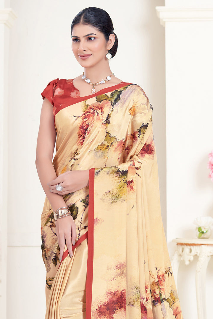 Designer Cream Crepe Soft Silk Saree | Beautiful Digital Printed Look