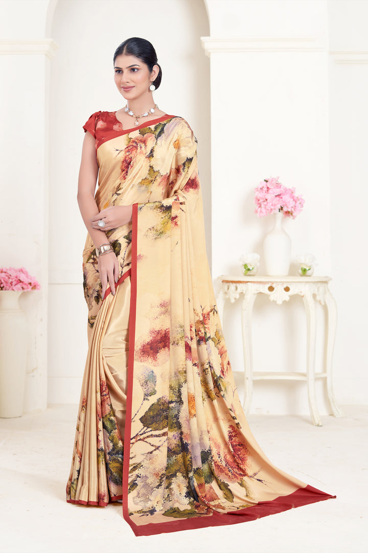 Designer Cream Crepe Soft Silk Saree | Beautiful Digital Printed Look