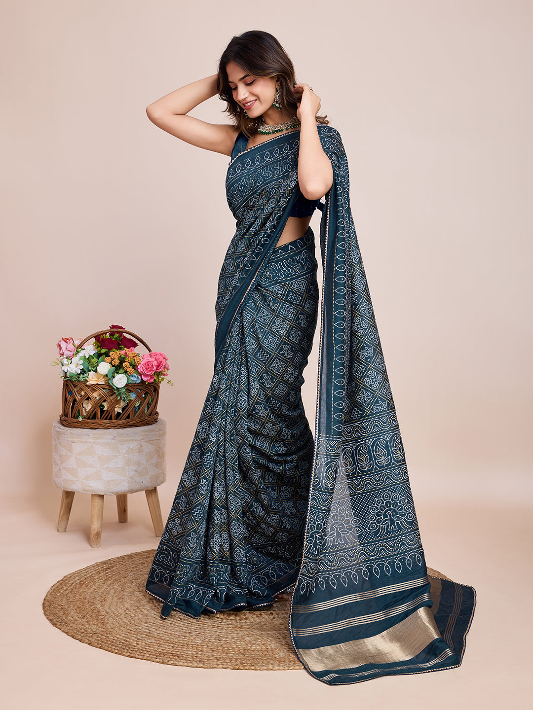 Printed Cotton Silk Saree with Blouse | Bandhani Zari Designer Traditional Ensemble