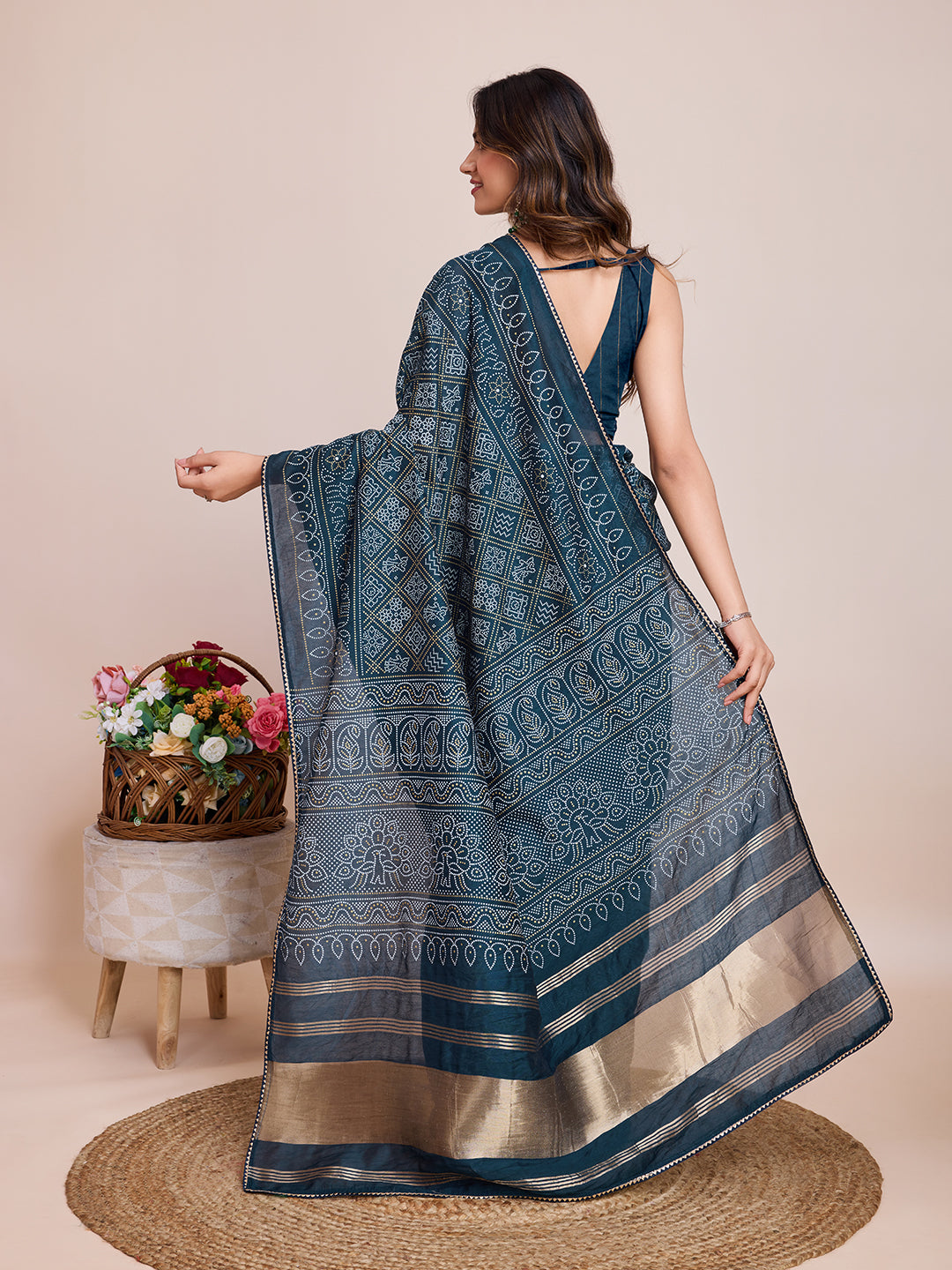 Printed Cotton Silk Saree with Blouse | Bandhani Zari Designer Traditional Ensemble