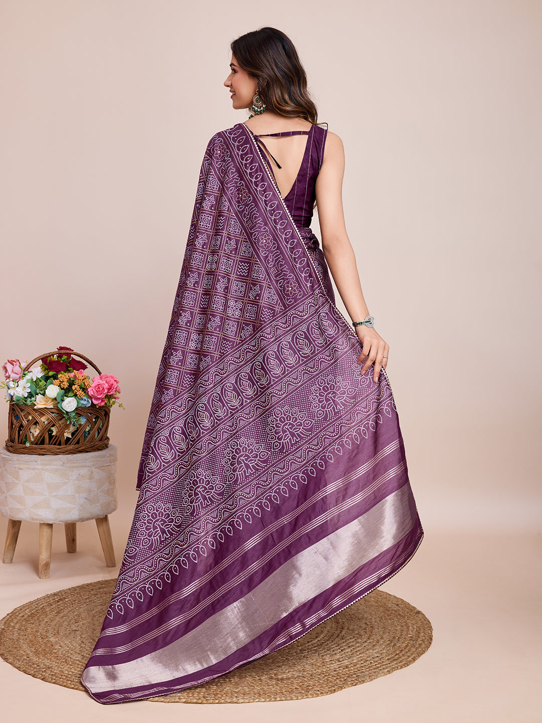 Printed Cotton Silk Saree with Blouse | Bandhani Zari Designer Traditional Ensemble