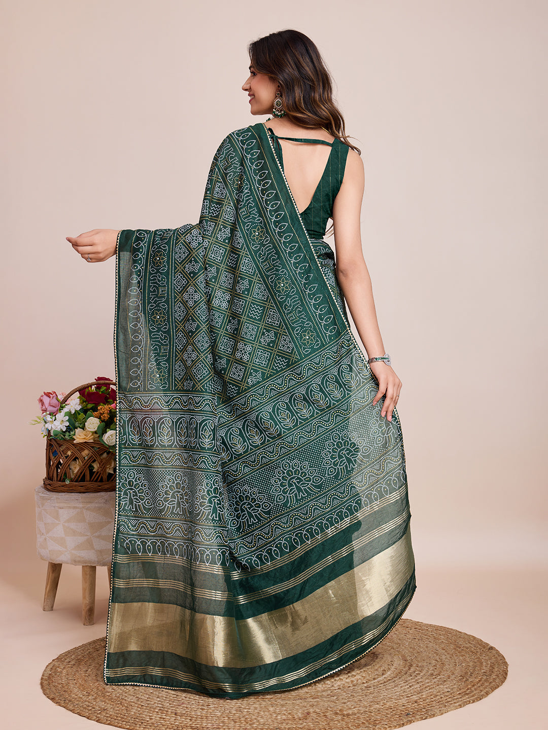 Printed Cotton Silk Saree with Blouse | Bandhani Zari Designer Traditional Ensemble