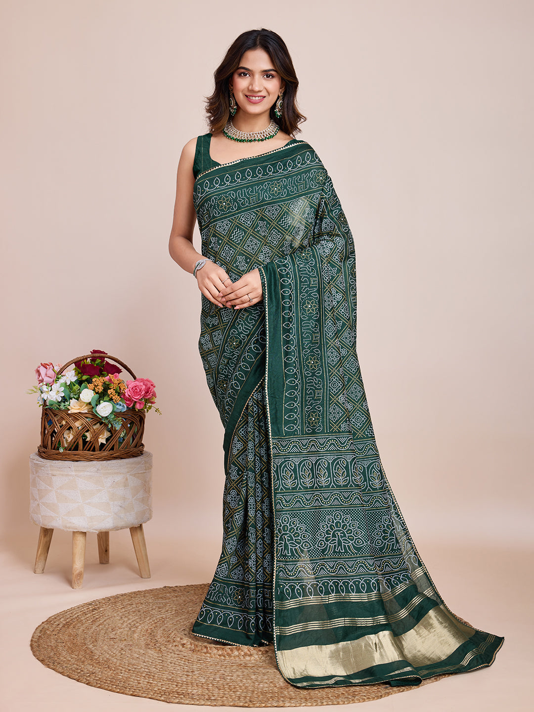 Printed Cotton Silk Saree with Blouse | Bandhani Zari Designer Traditional Ensemble