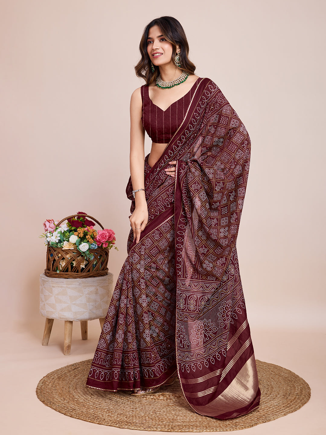 Printed Cotton Silk Saree with Blouse | Bandhani Zari Designer Traditional Ensemble