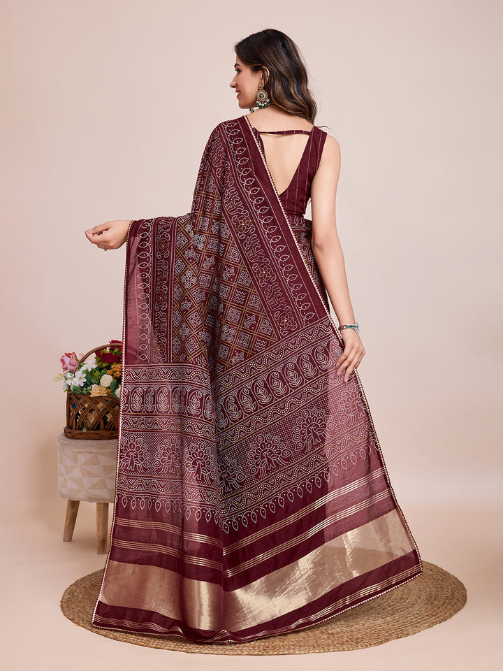 Printed Cotton Silk Saree with Blouse | Bandhani Zari Designer Traditional Ensemble