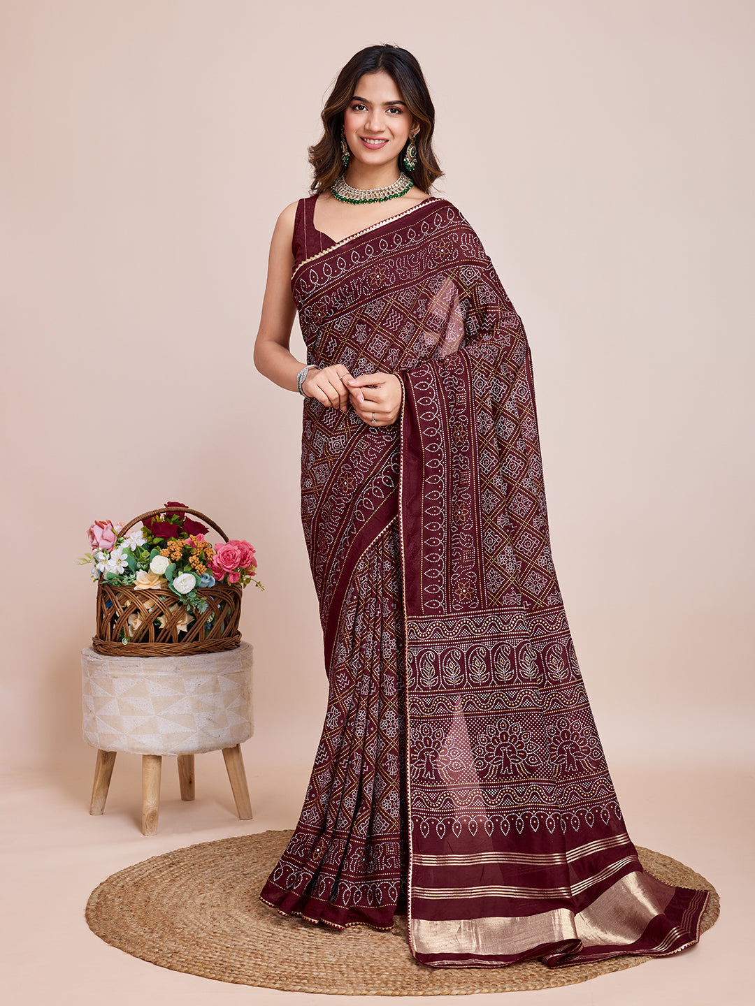 Printed Cotton Silk Saree with Blouse | Bandhani Zari Designer Traditional Ensemble