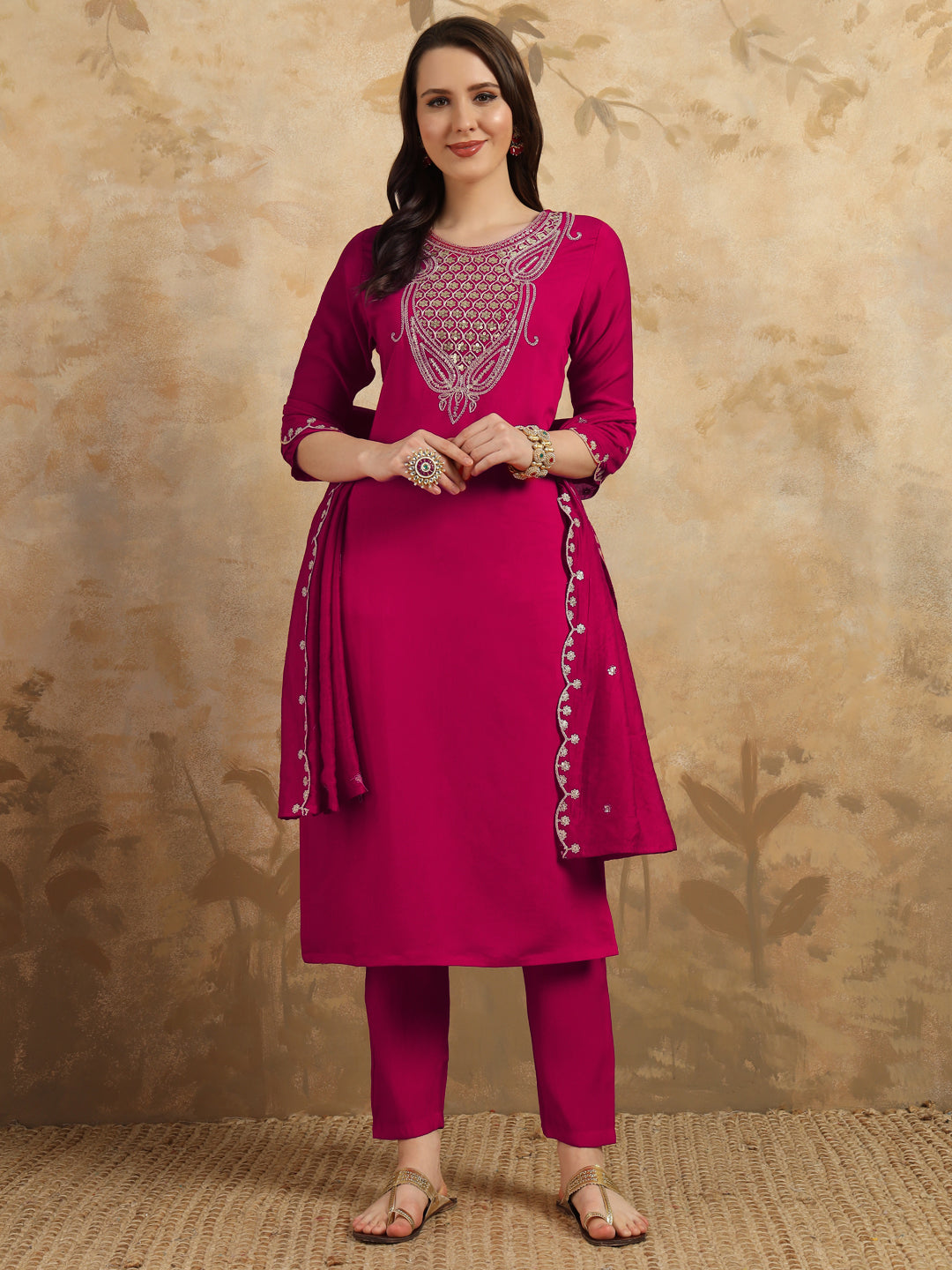 Elegant Chanderi Salwar Kameez with Intricate Embroidery | Perfect for Festive Celebrations and Traditional Occasions