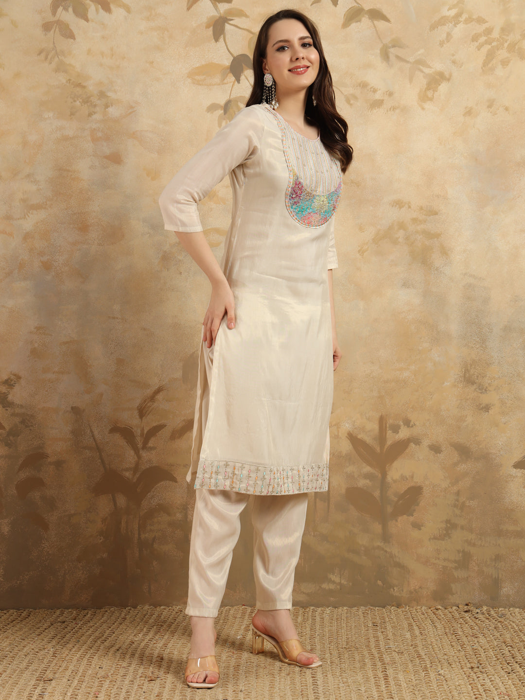 Beige Shimmer Salwar Kameez with Intricate Embroidery | Perfect for Festive and Party Wear