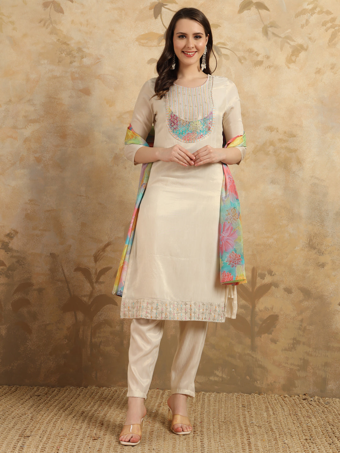 Beige Shimmer Salwar Kameez with Intricate Embroidery | Perfect for Festive and Party Wear