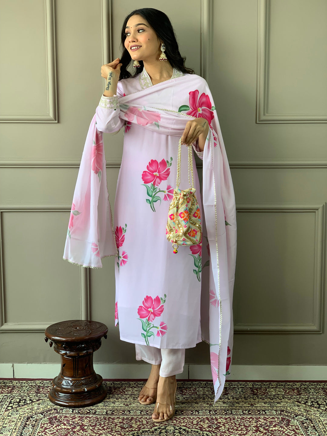 Elegant Light Lavender French Crepe Salwar Kameez with Floral Prints | Perfect for Parties and Festive Occasions