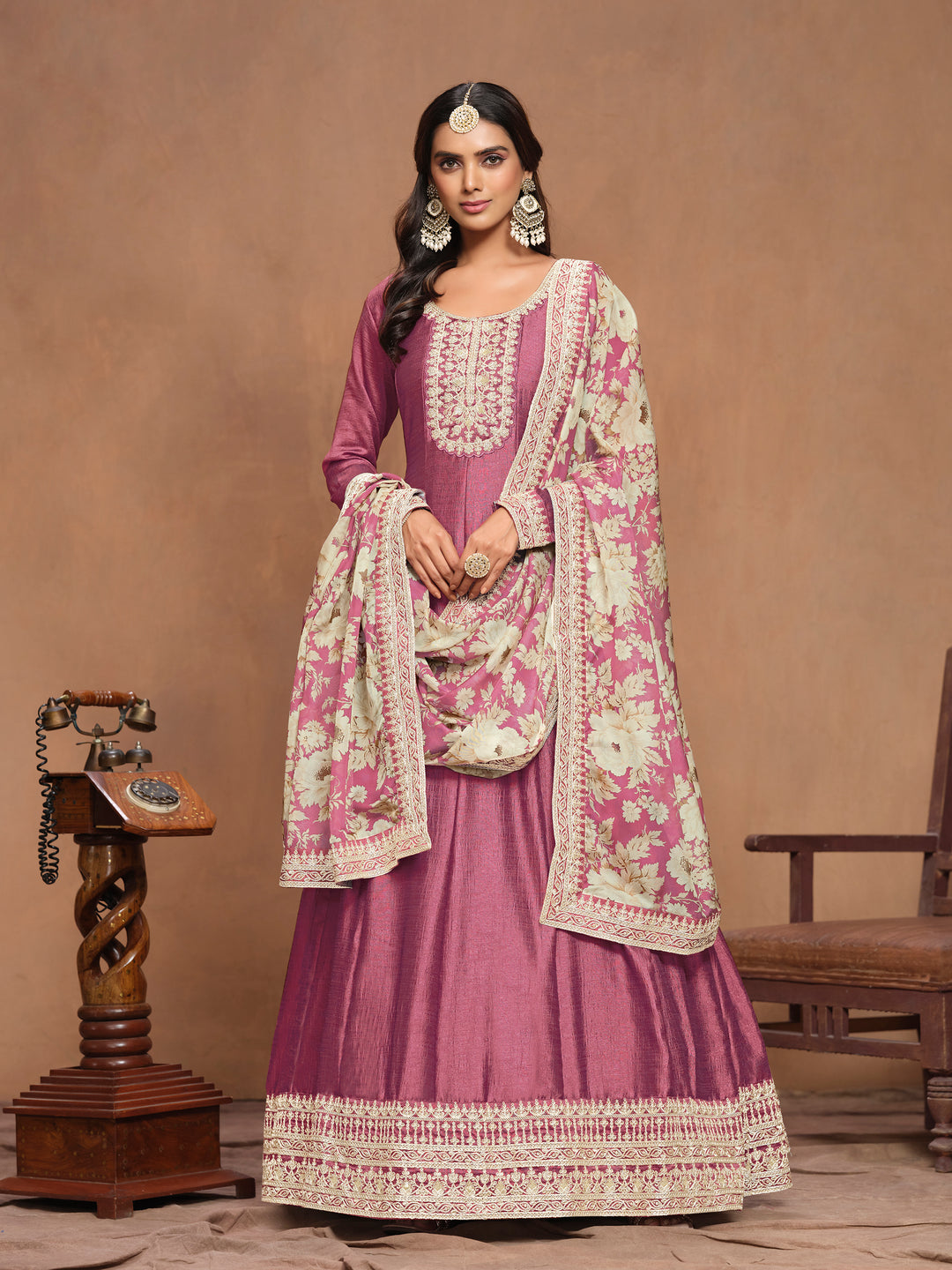 Graceful Art Silk Anarkali Suit with Embroidered Detailing & Floral Dupatta | Perfect for Weddings & Festive Occasions