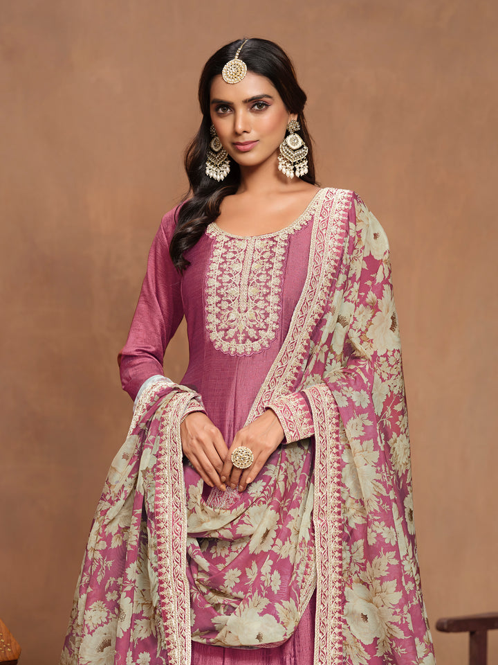 Graceful Art Silk Anarkali Suit with Embroidered Detailing & Floral Dupatta | Perfect for Weddings & Festive Occasions