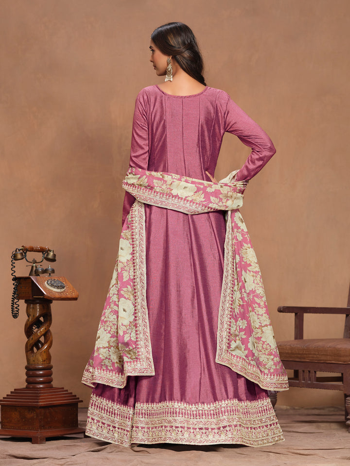 Graceful Art Silk Anarkali Suit with Embroidered Detailing & Floral Dupatta | Perfect for Weddings & Festive Occasions