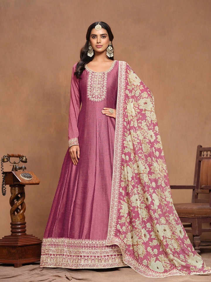 Graceful Art Silk Anarkali Suit with Embroidered Detailing & Floral Dupatta | Perfect for Weddings & Festive Occasions