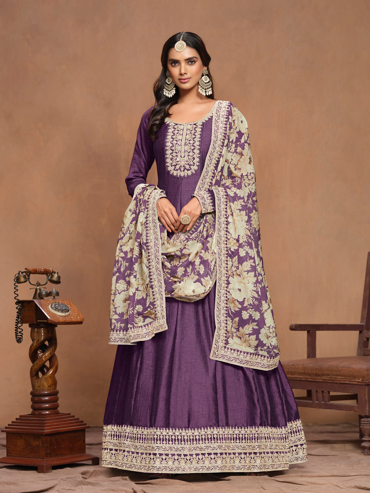 Graceful Art Silk Anarkali Suit with Embroidered Detailing & Floral Dupatta | Perfect for Weddings & Festive Occasions