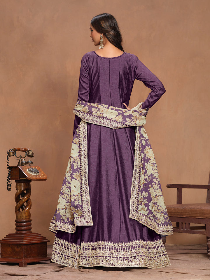 Graceful Art Silk Anarkali Suit with Embroidered Detailing & Floral Dupatta | Perfect for Weddings & Festive Occasions