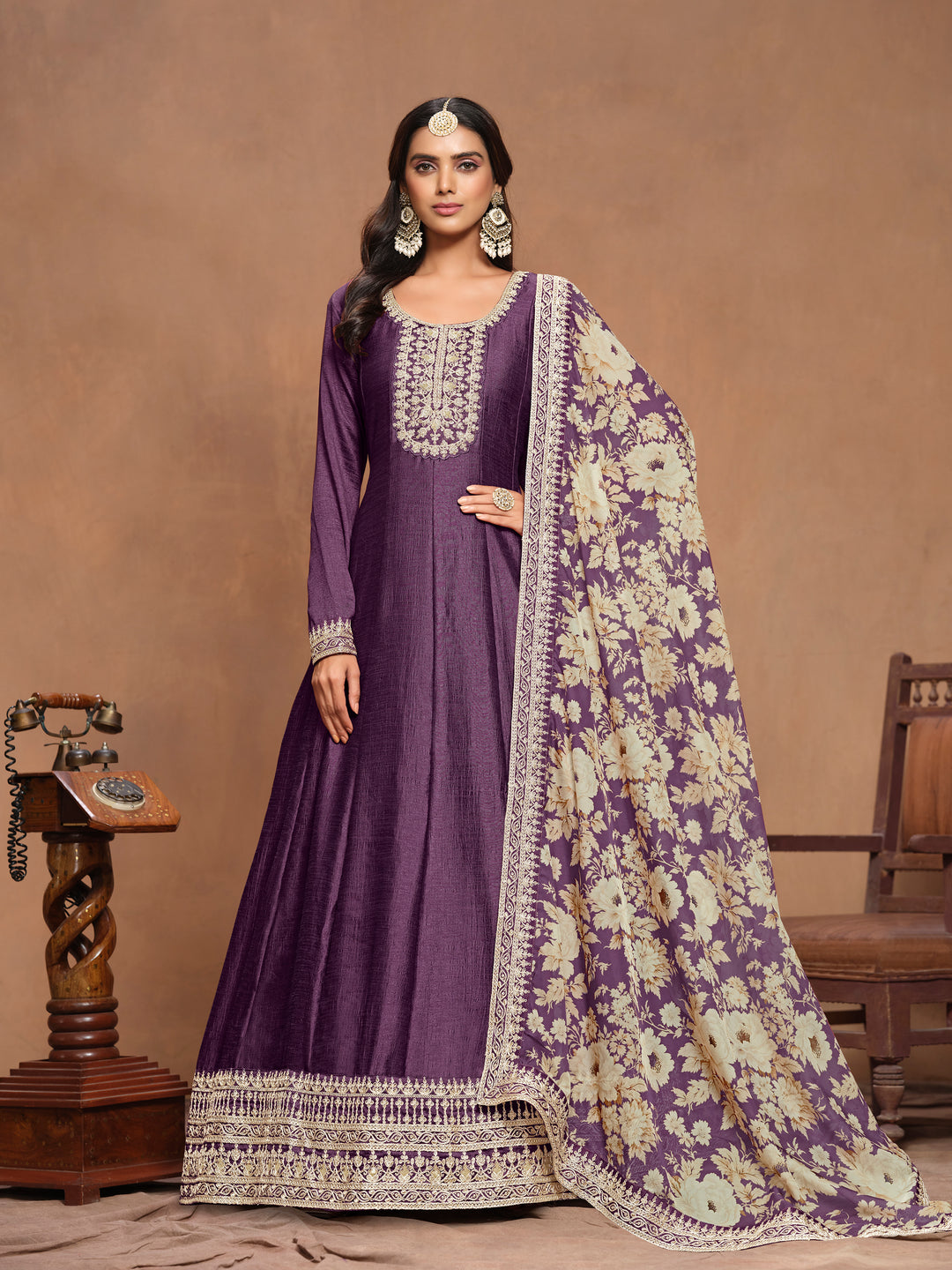 Graceful Art Silk Anarkali Suit with Embroidered Detailing & Floral Dupatta | Perfect for Weddings & Festive Occasions